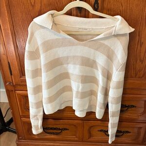 moon & madison Cream and Tan Striped V-Neck Sweater